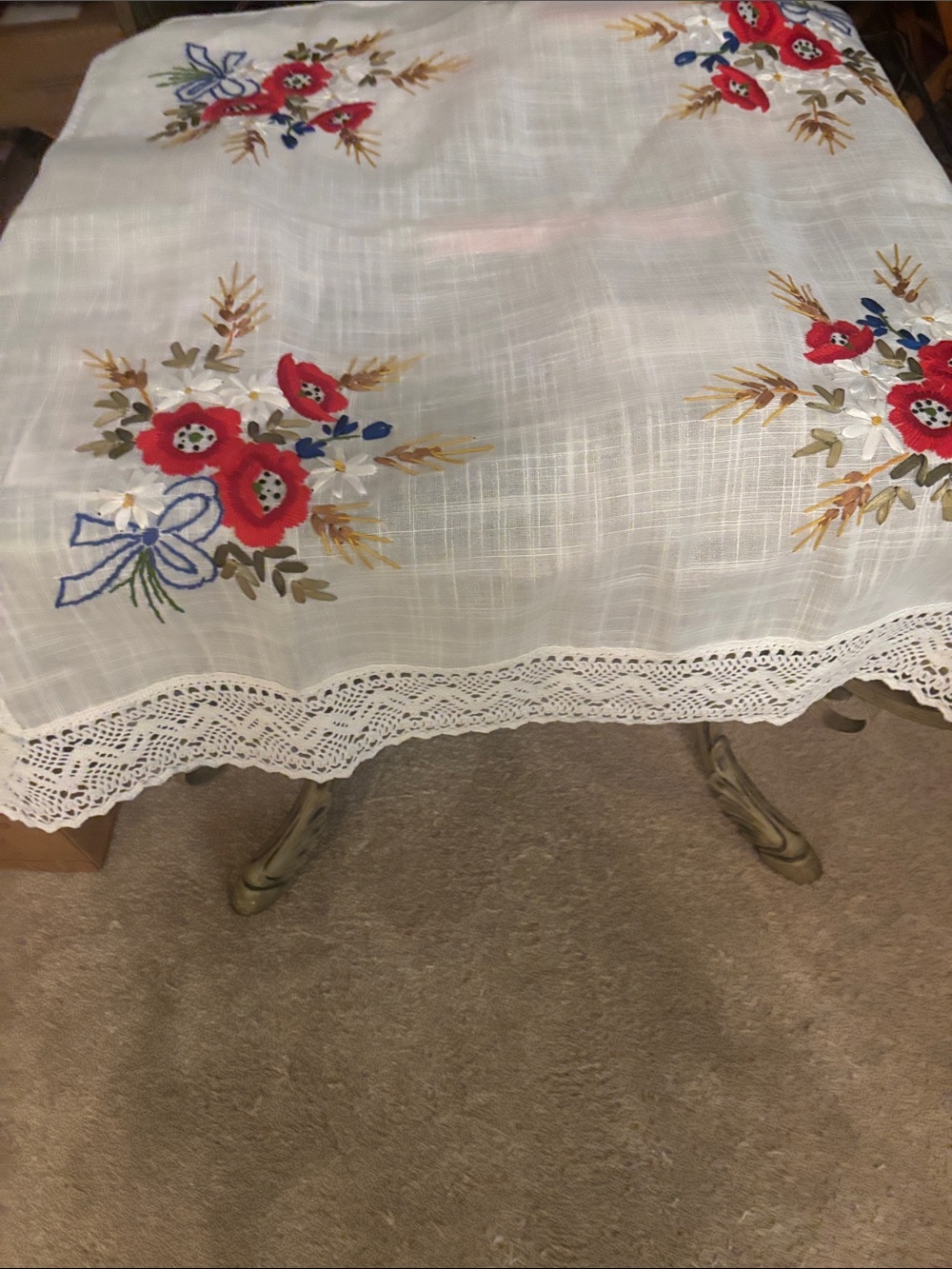 Embroidered White Linen Tablecloth with Red Floral Accents Approx 36X36